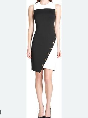 Tommy Hilfiger Black and White Asymmetric Button Sheath Dress